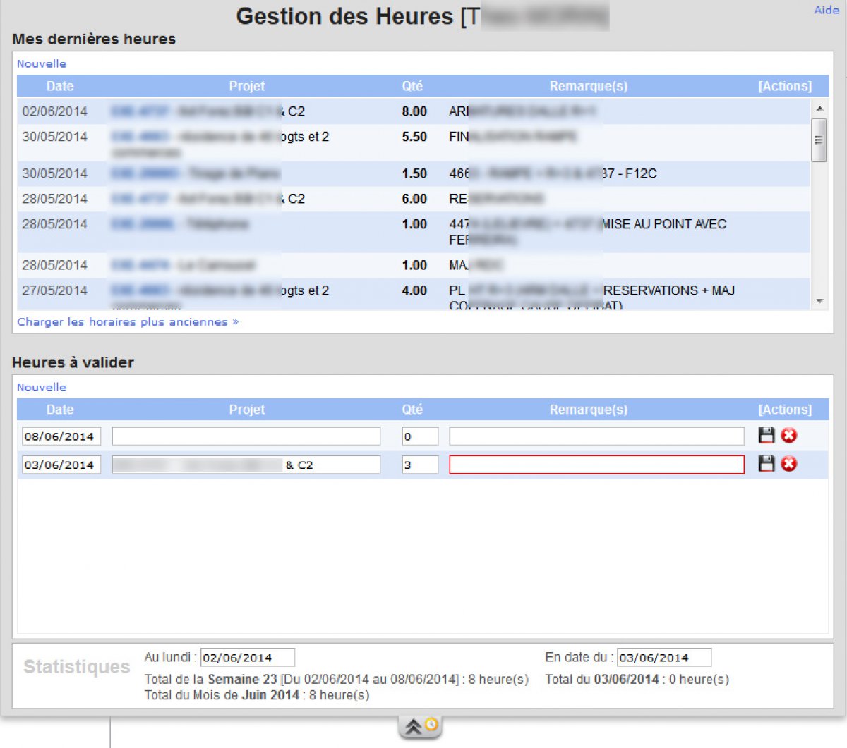 Interface de gestion des heures Interface de gestion des heures